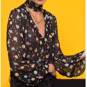 RIXO London Moss Watercolour Spot Metallic Pastel Polka Dot Sheer Silk Blouse